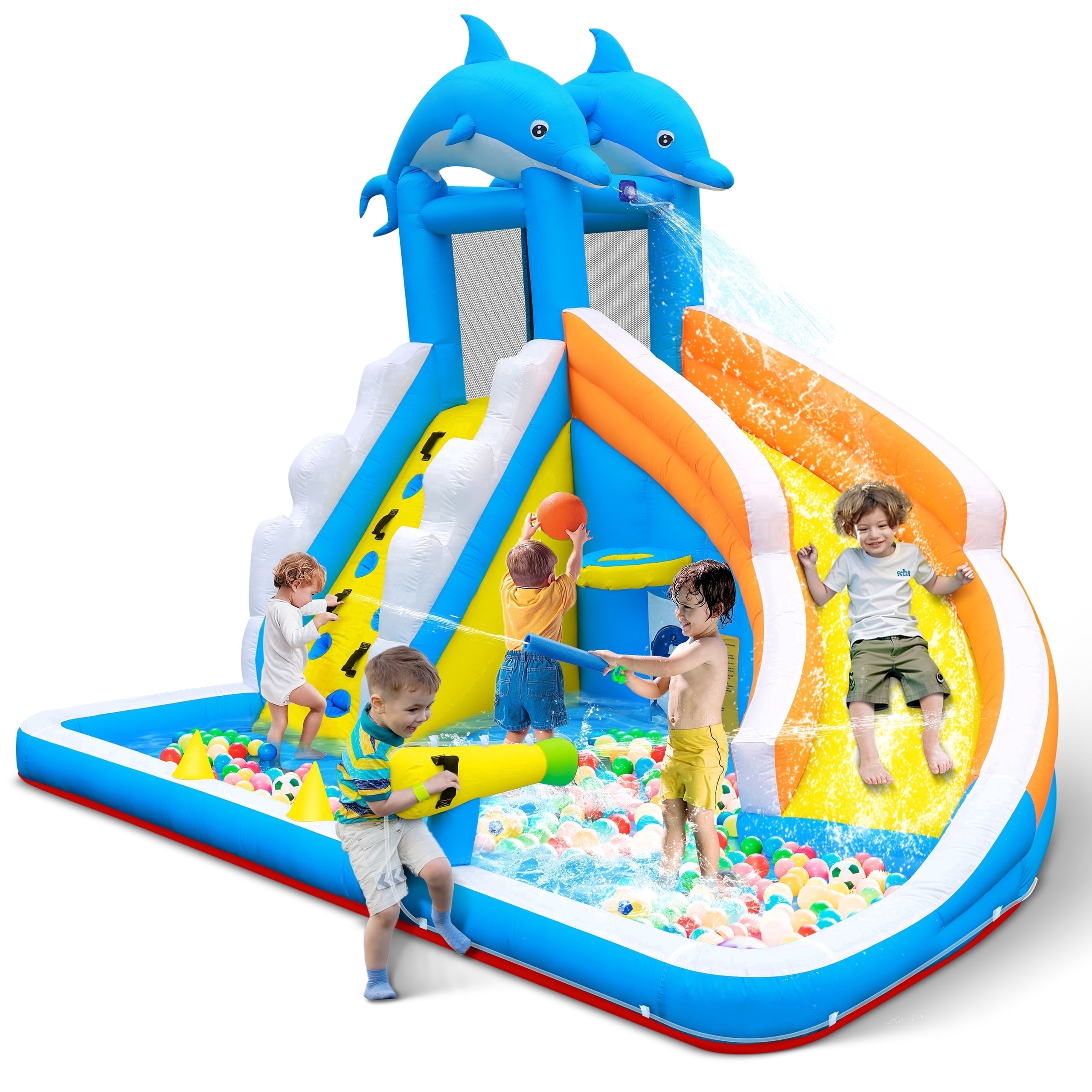 Inflatable Water Slide,5 in 1 Dolphin Inflatable Bounce House for Kids- Climbing Wall Splash Pool Water Cannon Basketball Rim - 480W Blower - for Indoor Outdoor Backyard Birthday Party
