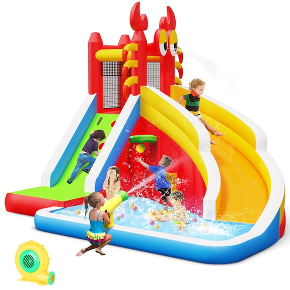 Inflatable Water Slide, Big Bounce House for Kids with Splash Pool, Climbing Wall, Basketball Hoop, Water Gun for Backyard Indoor and Outdoor Party, Included Air Blower, Repair Kit, Carrying Bag