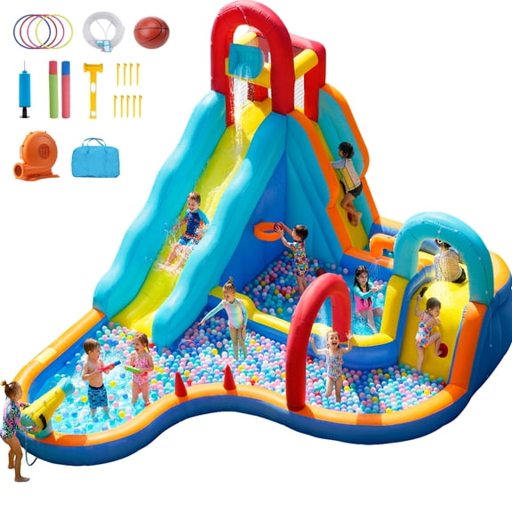 Inflatable Water Slide Bounce House for 3-10 Years, Long Slide, Deep Pool, Water Cannon, Ring Toss, Basketball Hoop, Water Basin, Spray Door, Indoor/Outdoor Kids Bouncy Castle with Blower
