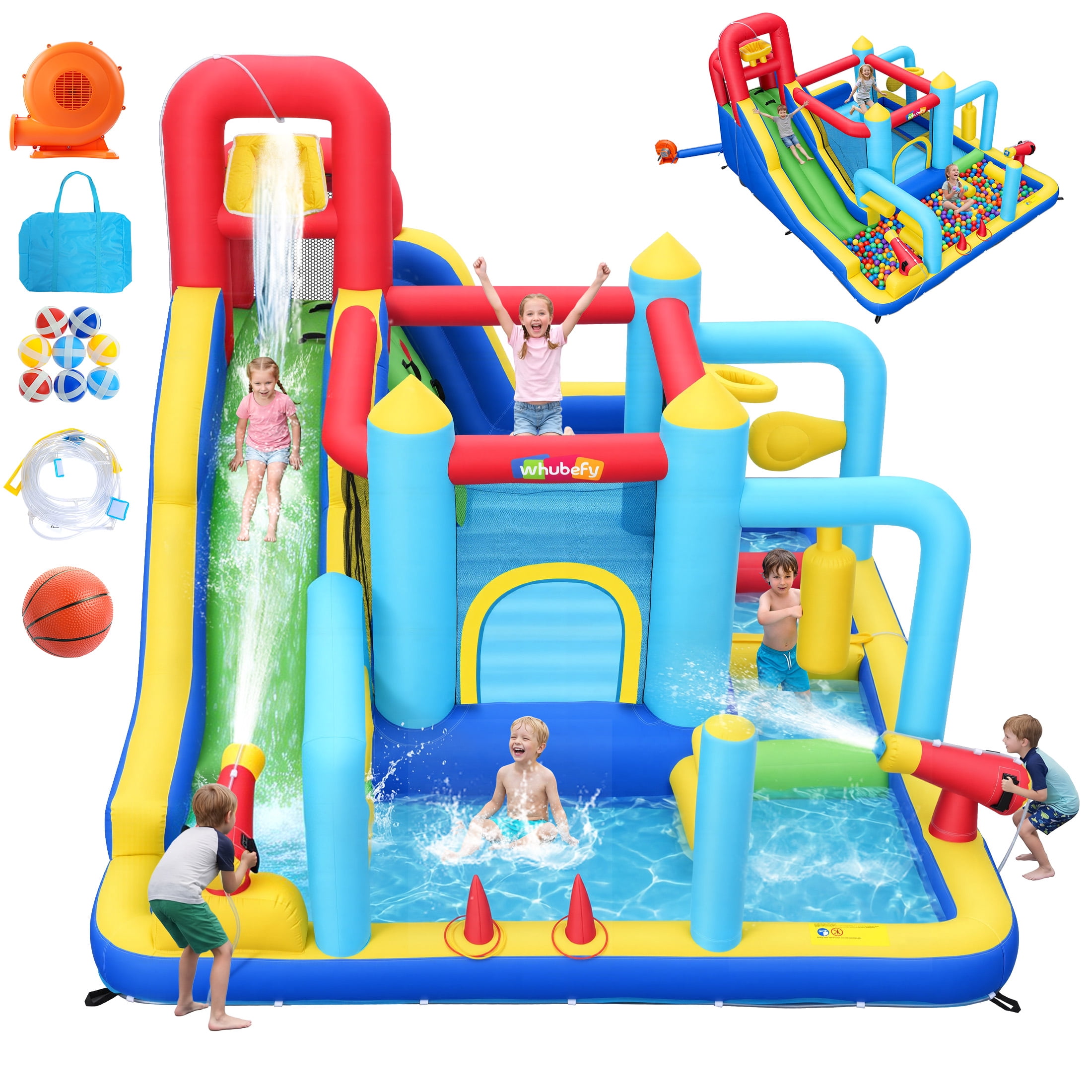 Inflatable Water Slide Bounce House with 550W Blower, Obstacle Bouncy House for kids 3~10, Indoor Outdoor Water Park with Long Water Slide, Junping Area, Water Cannon, Basketball Hoop