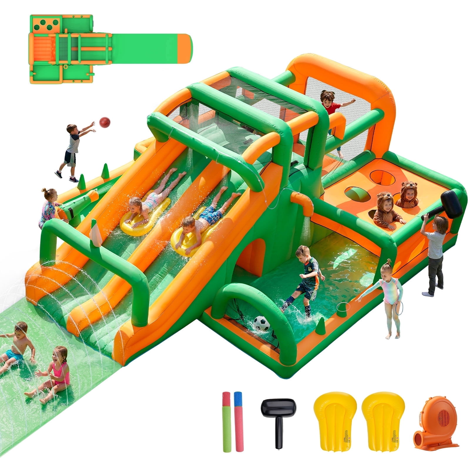 Inflatable Water Slide Bounce House, Extra Large Double Slides Bouncer Castle, 840D+420D Oxford Cloth, Whack-a-Mole, Deep Pool, Jump Area, Climbing Wall, Water Cannon, for Kids Aged 3–10 Backyard