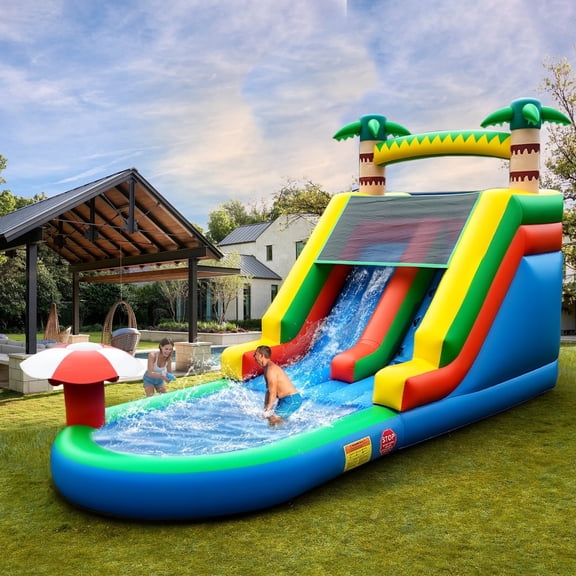 Inflatable Water Slide Commercial Grade: 21FT(L) Water Bounce House for Adults & Teenagers - Big Pool, Premium PVC, Tropical Style, Wet & Dry, 950W Blower - for Backyard Outdoor Birthday Party
