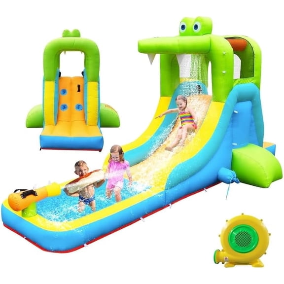 Inflatable Crocodile Water Slide Bounce House with Blower, Climbing Wall, Splash Pool & Water Cannon for Kids and Adults, Green