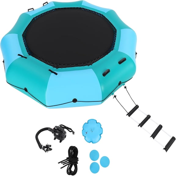 Inflatable Water Trampoline, 10FT 15FT,Recreational Floating Water Bouncer Floating Water Trampoline Recreational Water Bouncer Floating Trampoli new/ 4-Step Rope Ladder/Mooring Ropes/Infatable Nozzle
