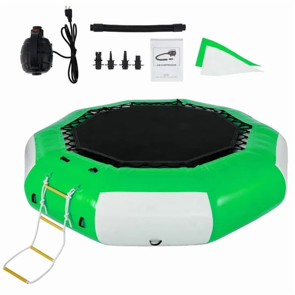 Inflatable Water Trampoline 10FT Round Bouncer with 4 Step Ladder Green White for Water Sports
