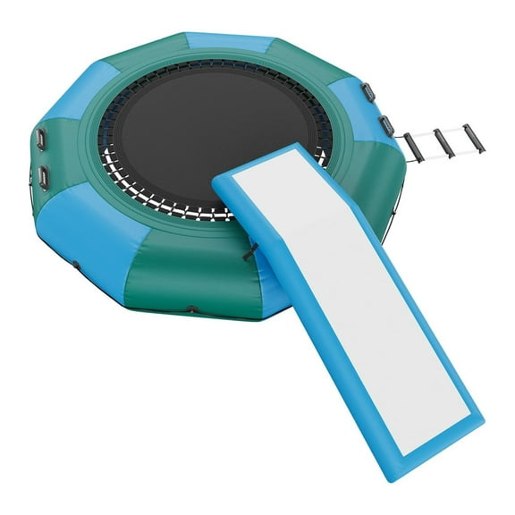 Inflatable Water Trampoline 10ft with Slide, Water Bouncer for Pool Lake, Portable Bounce Platform with Ladder & Electric Air Pump, Adult Kids Water Sports