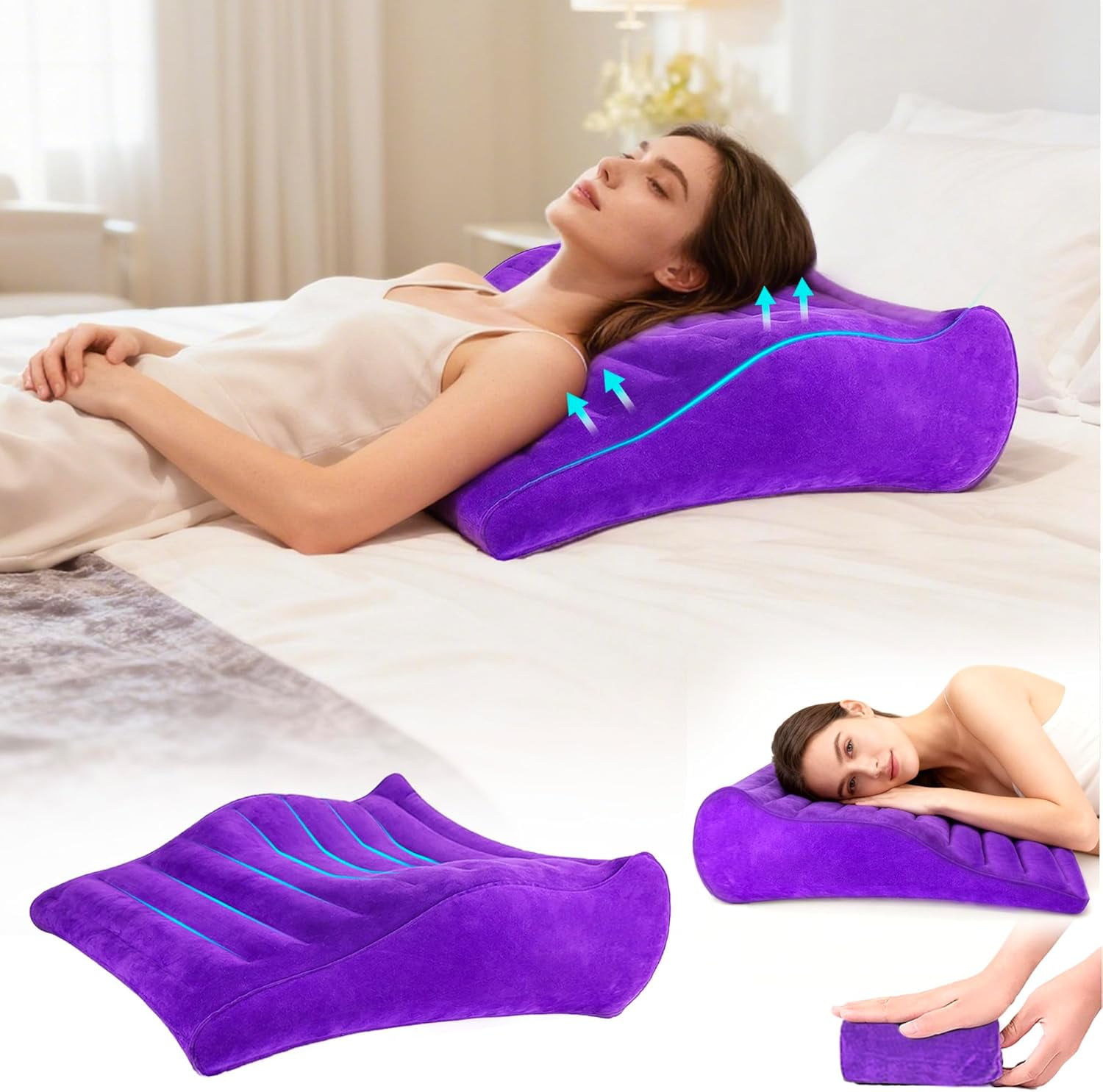 Inflatable Wedge Pillow for Traveling, Lightweight Wedge Pillow for Acid Reflux Relief, Portable Pillow Wedges for Sleeping, Blow Up Travel Pillow for Camping, Back Lumbar Support, Purple