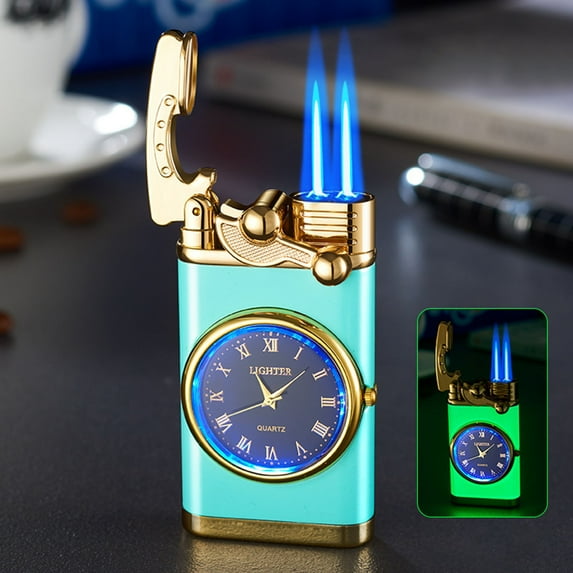 Inflatable Windproof Lighter, Double Fire Switch with Luminous Quartz Watch, Metal Body Gift
