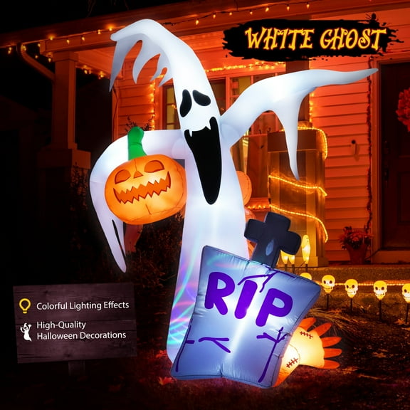 7.2 FT Halloween Inflatable Ghost Outdoor Decorations,Inflatable Yard Scary Glowing Ghost Pumpkin Tombstone With Built-in Colorful Leds, Suitable For Garden Lawn And Indoor Party Decorations.