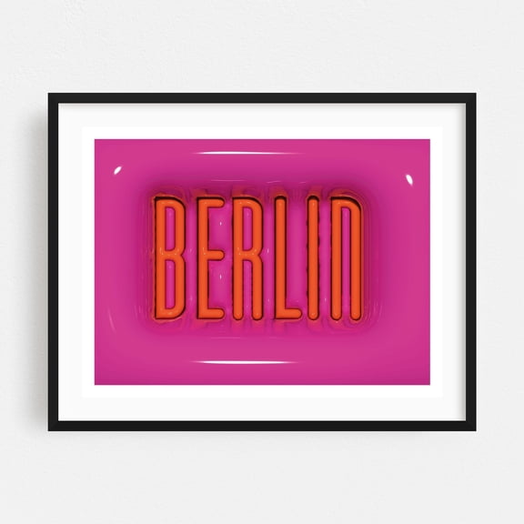 Inflate Berlin - Berlin Germany Typography Neon Sign Modern Art Pop Art City Travel Poster Abstract Black Framed Wall Art Print 5 x 7 inches