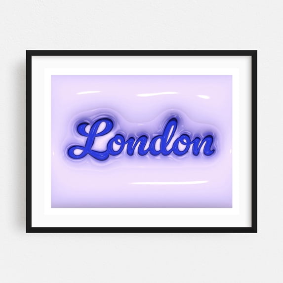 Inflate London - London England United Kingdom Typography City Modern Art Pop Art Travel Poster Neon Sign Pastel Black Framed Wall Art Print 5 x 7 inches