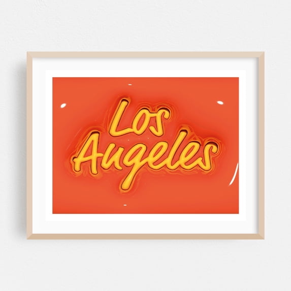 Inflate Los Angeles - Los Angeles California Typography Neon Sign City Modern Art Pop Art Travel Poster Oak Framed Wall Art Print 5 x 7 inches