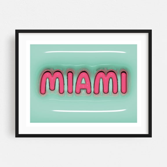 Inflate Miami - Miami Florida Typography Neon Sign Retro Pop Art Pastel Modern Art City Black Framed Wall Art Print 12 x 16 inches