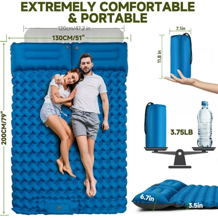 Inflating Sleeping Pad Mattress for Camping: Inflatable Camping Bed with Built-in Foot Pump for Tent - 4" Extra Thick Mat Air Cot for Floor - 2 Person Blue