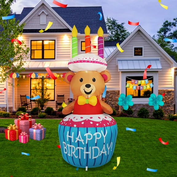 InfleasJoiy 4FT Birthday Cake Inflatable Decoration with LED Lights, Suitable for Birthday Parties