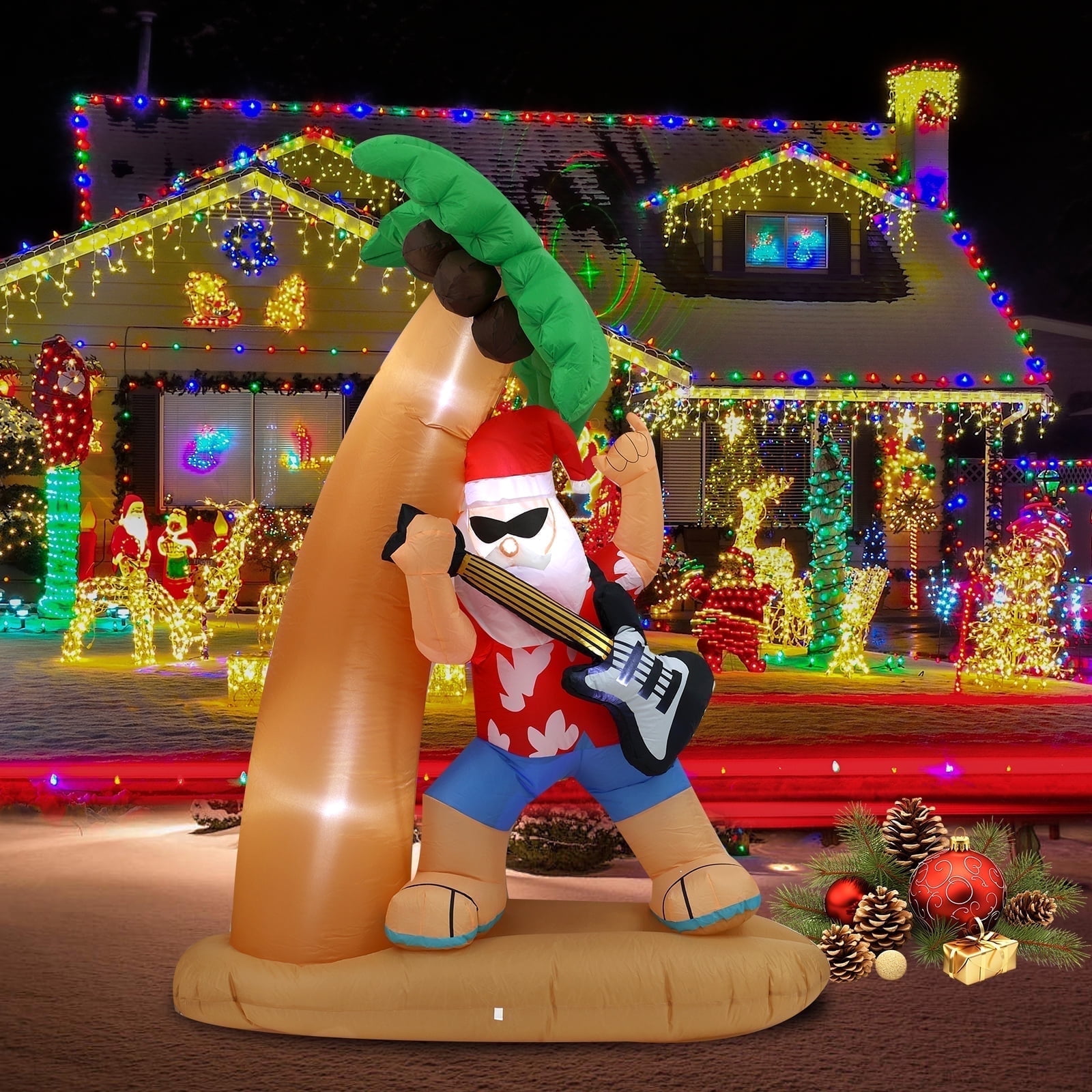InfleasJoiy 7FT Santa Claus Playing Guitar Under Coconut Tree Christmas Inflatable Decoration with LED Lights, Suitable for Holiday Celebration Decorations on Yards, Lawns and Patios