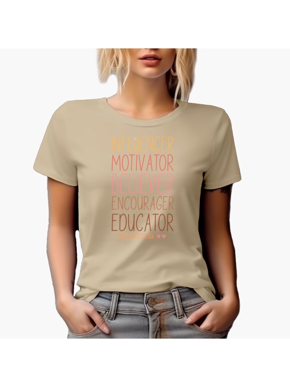 Influencer, Motivator, Believer, Encourager, Educator with Pencil Art, Teacher Merch Gift, Tan T-Shirt, Small