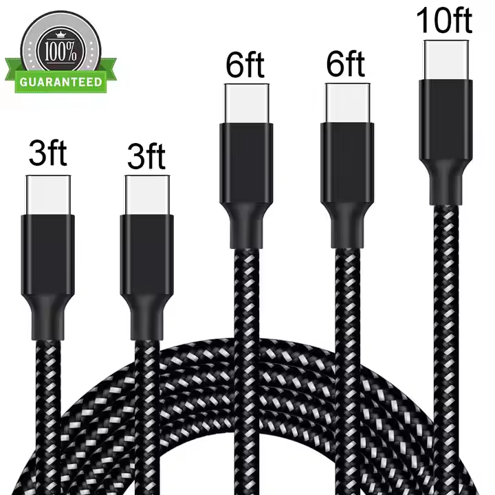 Influx Cables 3ft Braided USB-C Male to USB-C Male Cable for Smartphones, Black