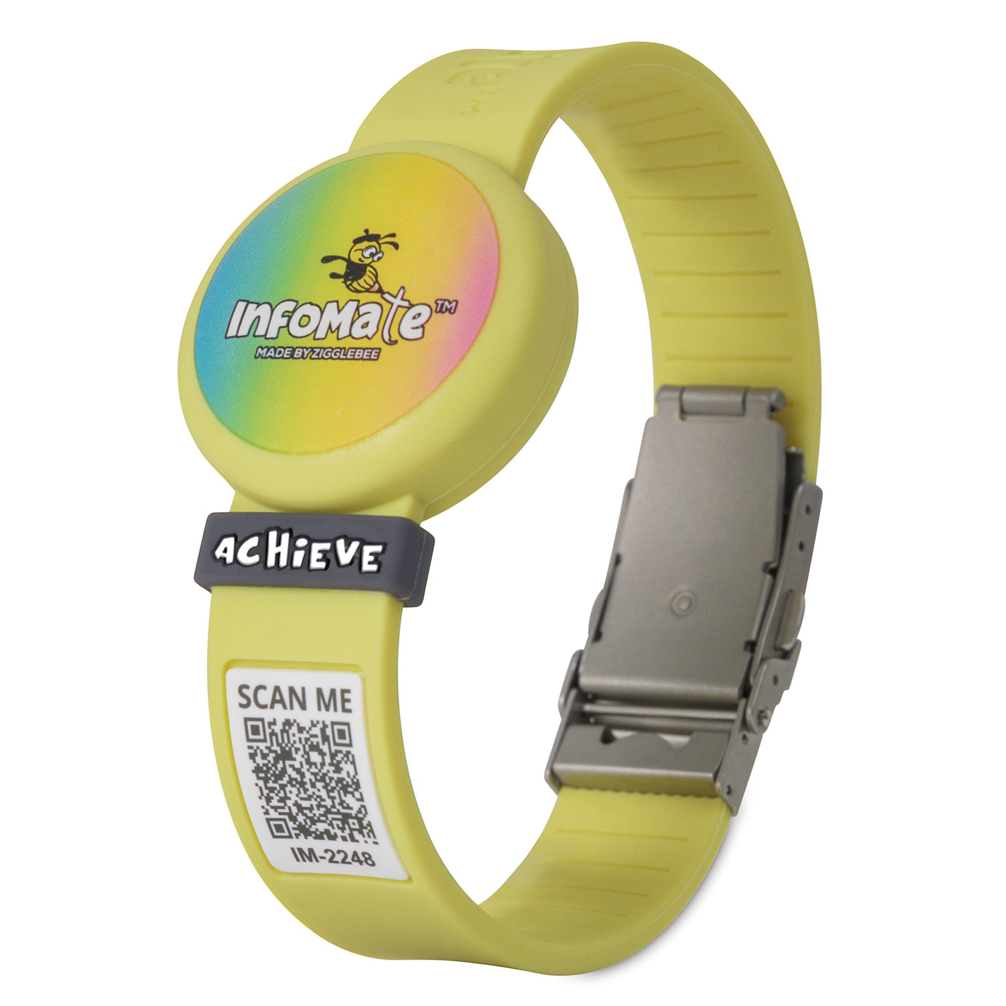 InfoMate by Zigglebee QR Code Medical Bracelet and AirTag Holder Wristband, Canary Yellow, Butterfly Clasp