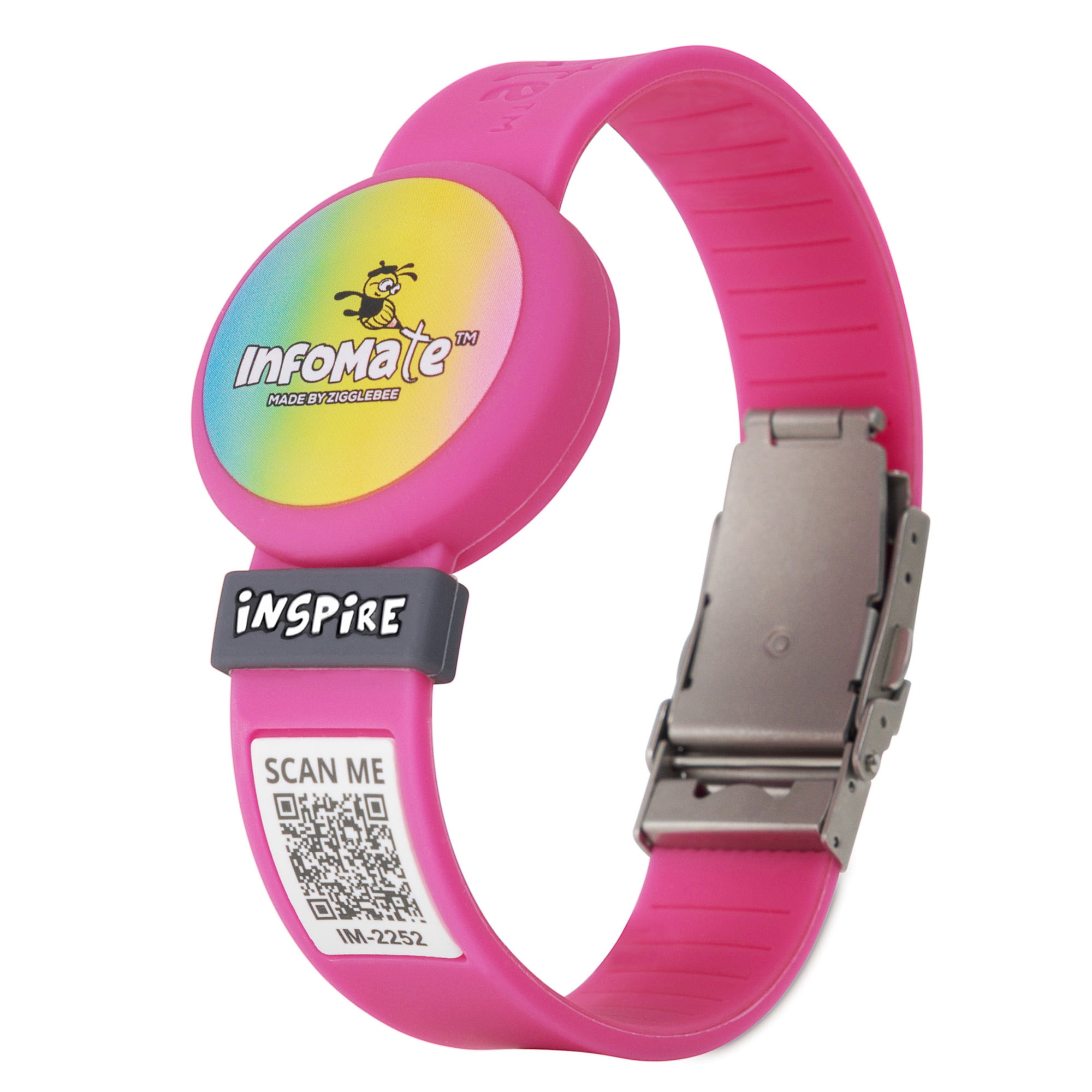 InfoMate by Zigglebee QR Code Medical Bracelet and AirTag Holder Wristband, Hot Pink, Butterfly Clasp