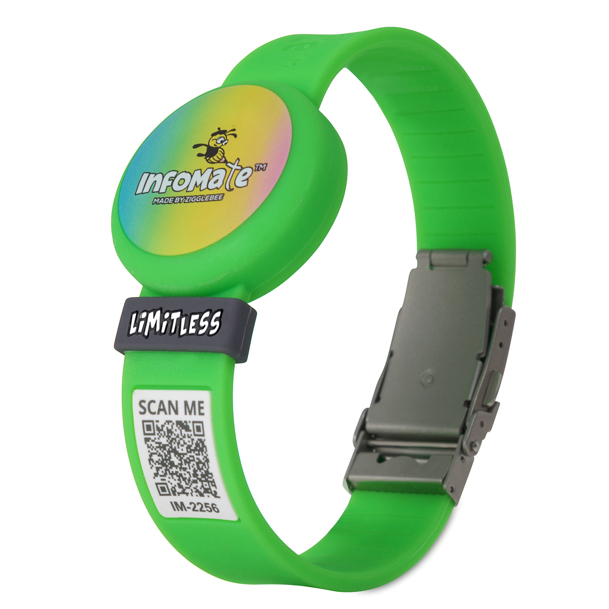 InfoMate by Zigglebee QR Code Medical Bracelet and AirTag Holder Wristband, Lime Green, Butterfly Clasp