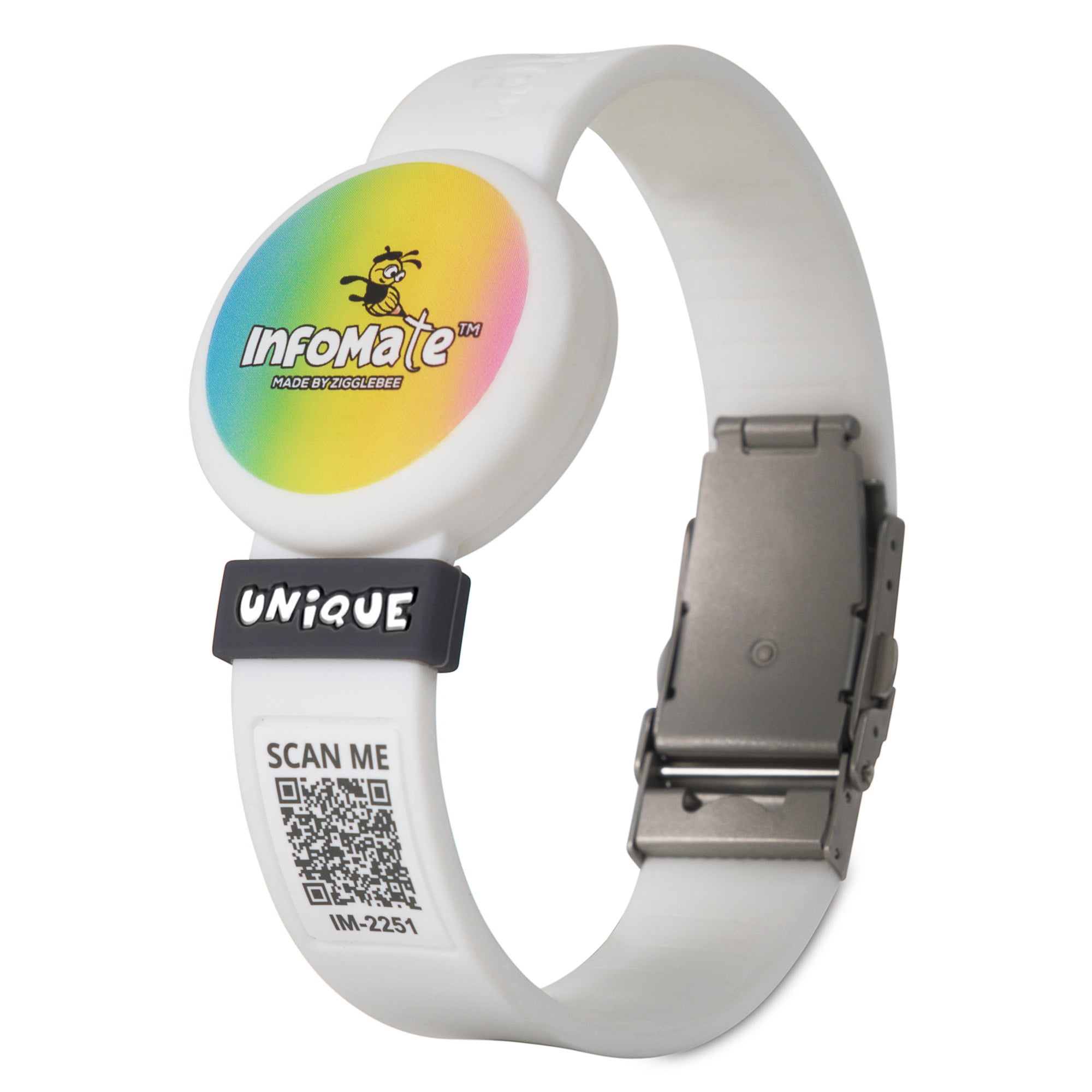 InfoMate by Zigglebee QR Code Medical Bracelet and AirTag Holder Wristband, Pure White, Butterfly Clasp