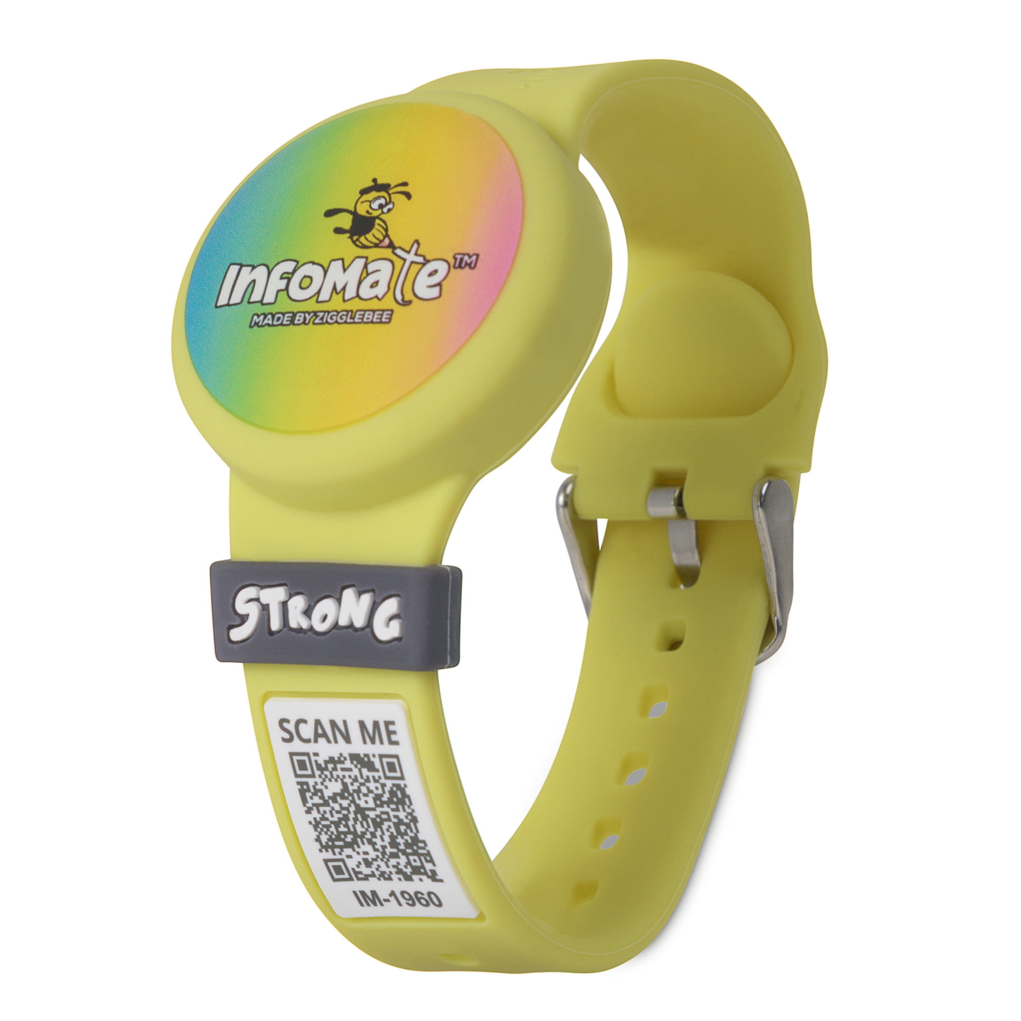 InfoMate by Zigglebee QR Code Medical Bracelet and AirTag Holder Wristband, Canary Yellow, Pin Buckle