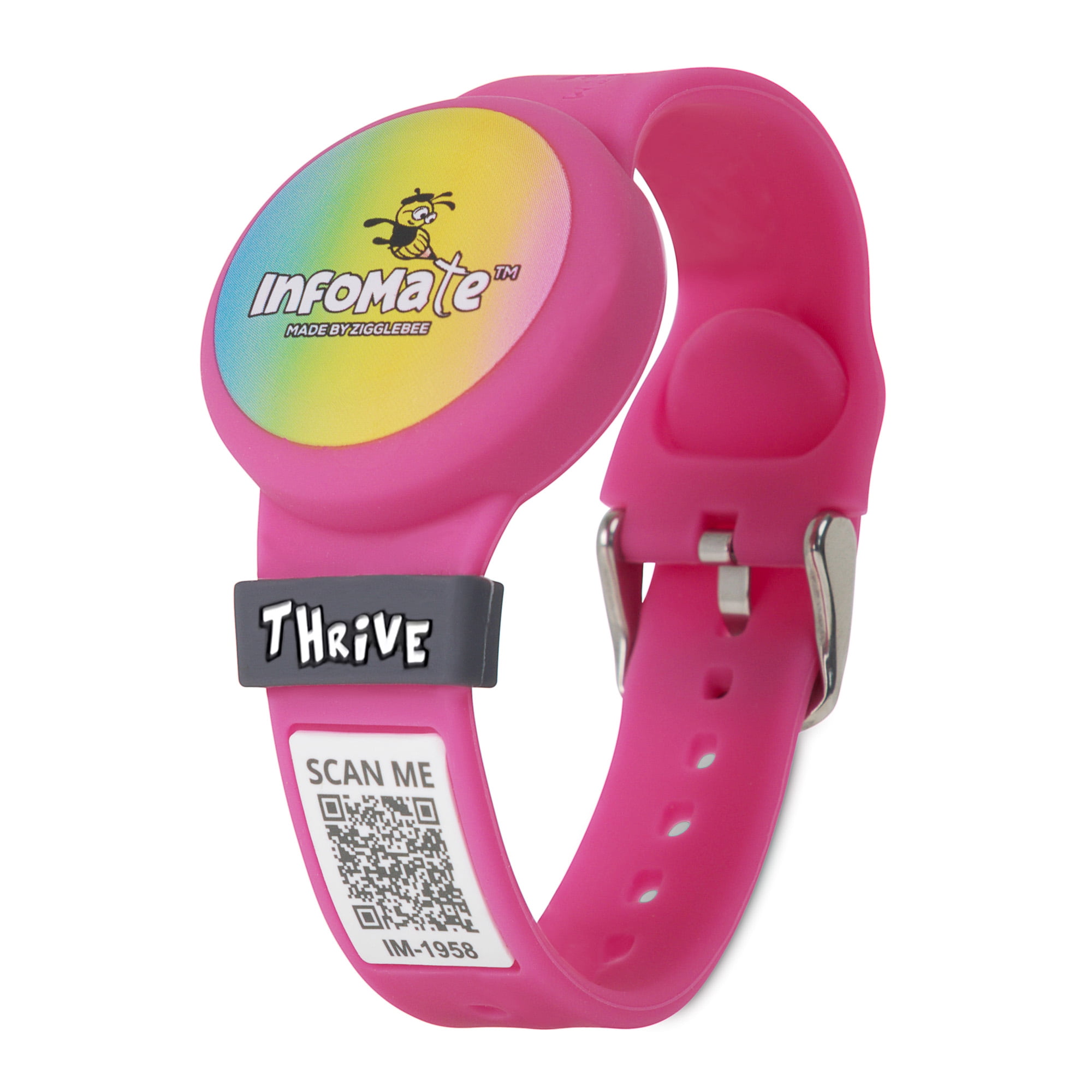 InfoMate by Zigglebee QR Code Medical Bracelet and AirTag Holder Wristband, Hot Pink, Pin Buckle