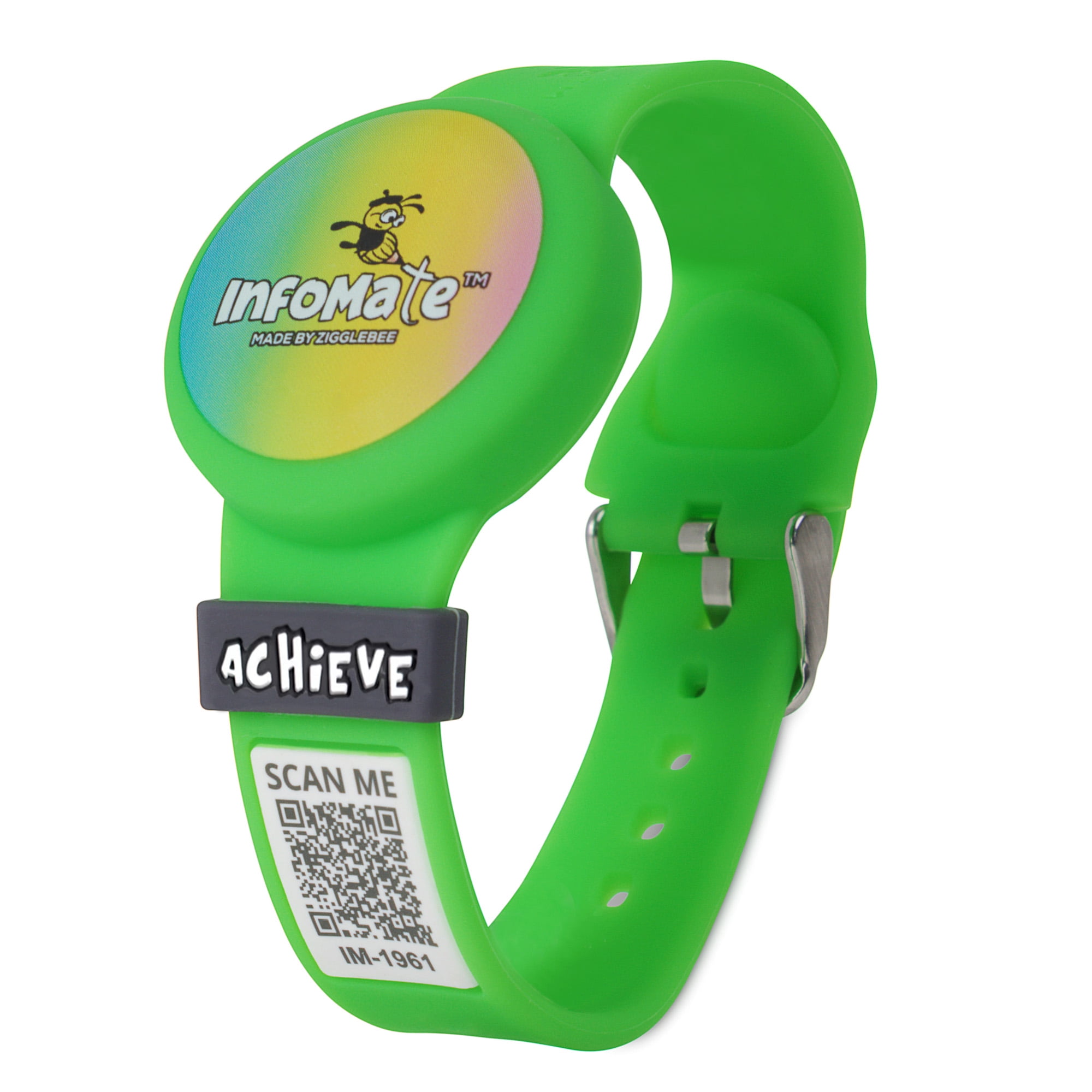 InfoMate by Zigglebee QR Code Medical Bracelet and AirTag Holder Wristband, Lime Green, Pin Buckle
