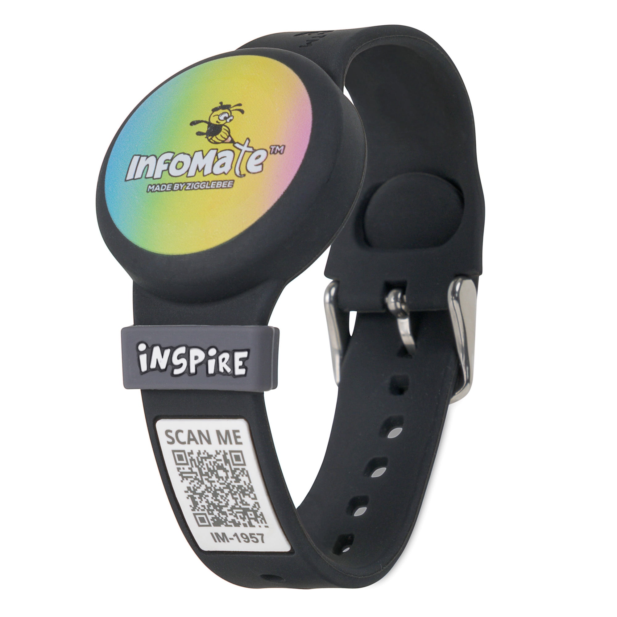 InfoMate by Zigglebee QR Code Medical Bracelet and AirTag Holder Wristband, Midnight Black, Pin Buckle