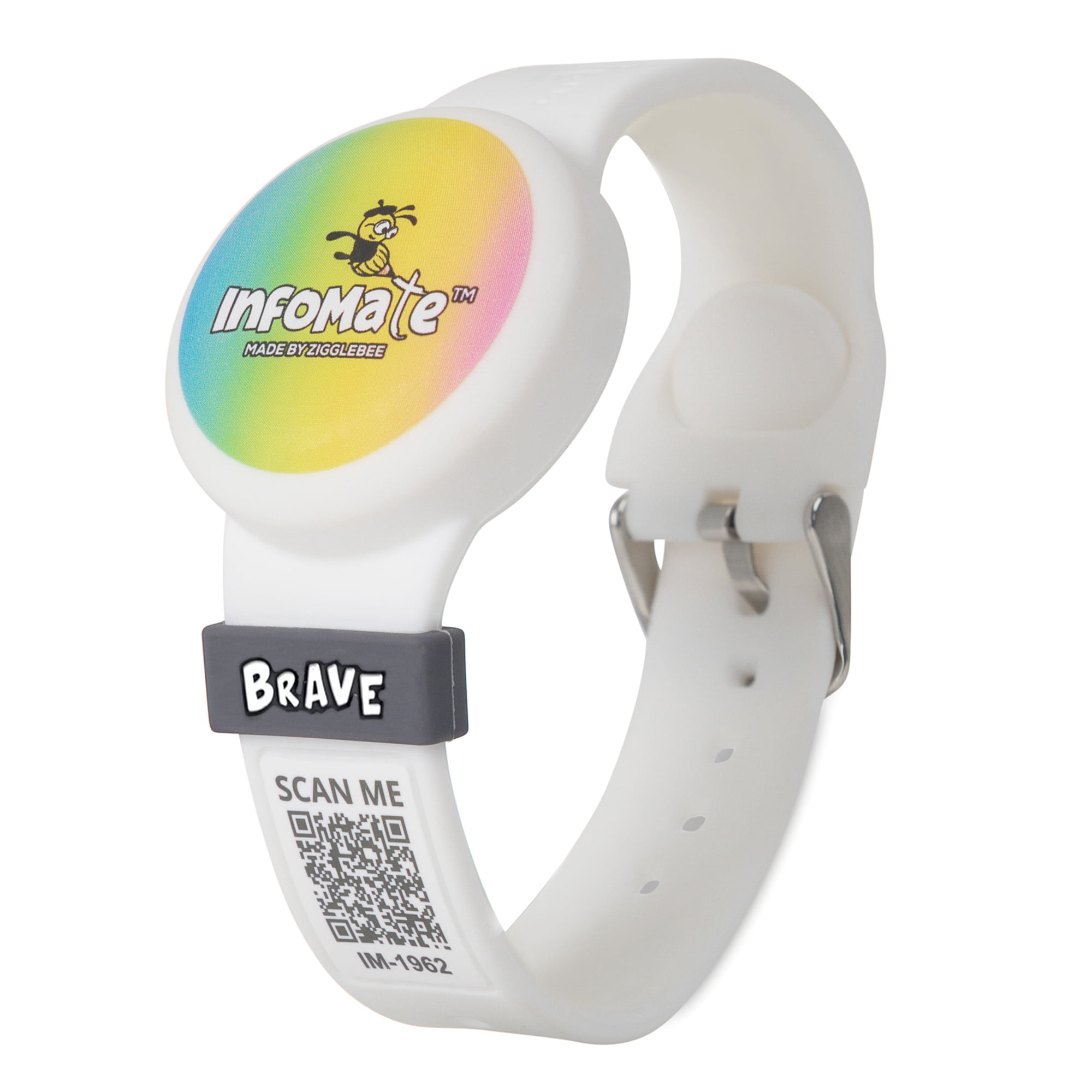InfoMate by Zigglebee QR Code Medical Bracelet and AirTag Holder Wristband, Pure White, Pin Buckle