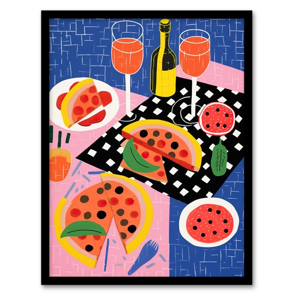 Informal Dinner Party Pizza Kitchen Fun Art Print Framed Poster Wall Decor 12x16 inch