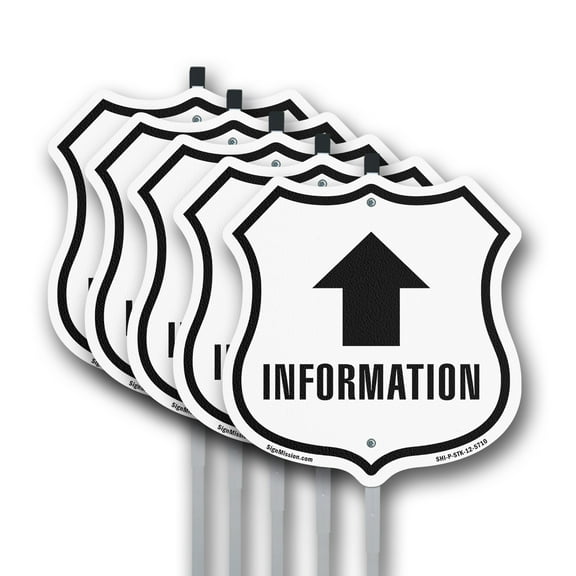 Information Up (5 Pack) 12 inch X 12 inch Shield Shaped Rust-Free Aluminum Metal Signs with Aluminum Mounting Stakes Weather Resistant Made in the USA