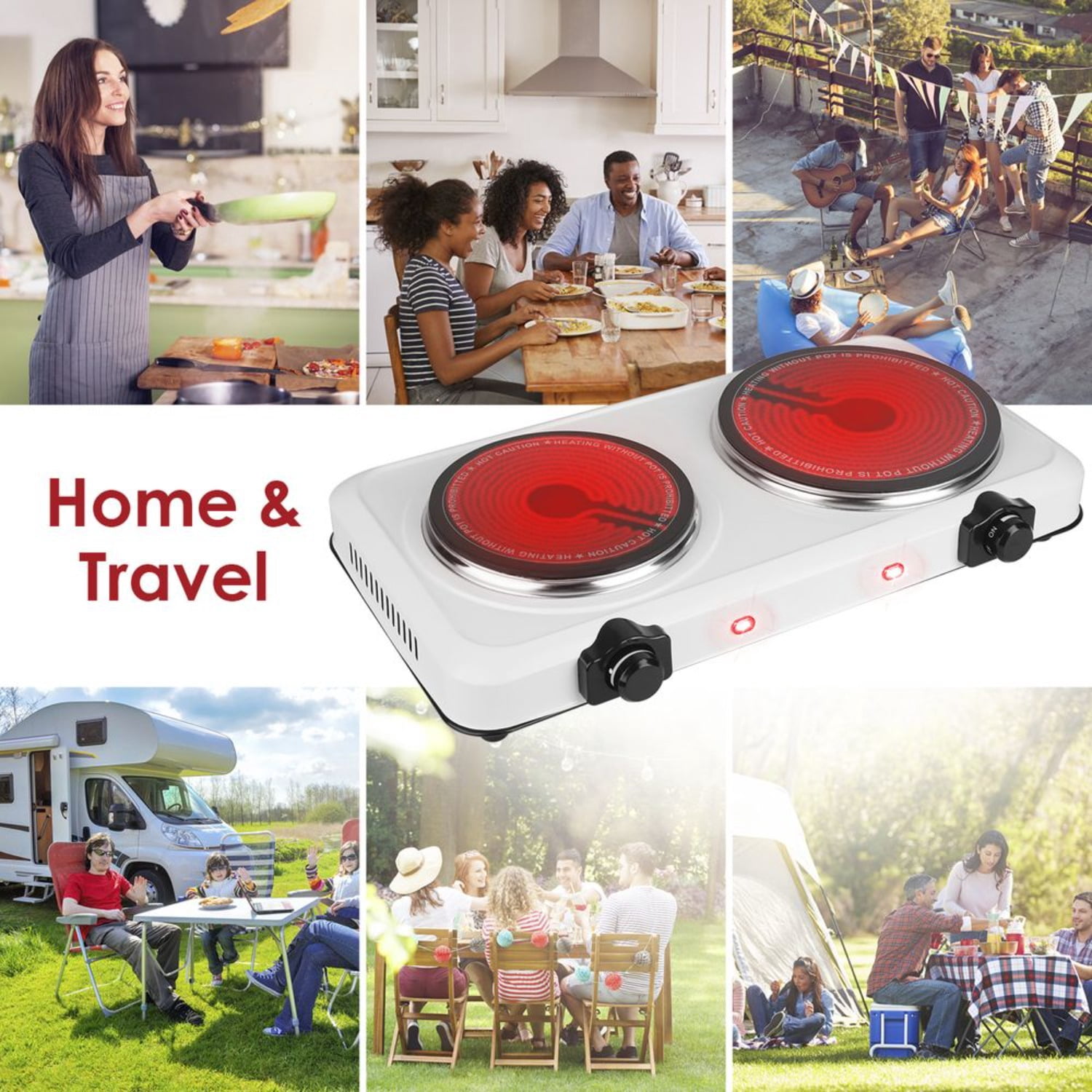 Infrared Dual Burner Electric Hot Plate 1800W Countertop Stove with 1000W & 800W Glass Plates 302-1022℉ Stepless Temp Auto Shut-Off Compact Portable for Dorms RVs & Apartments Black/White (US Plug)
