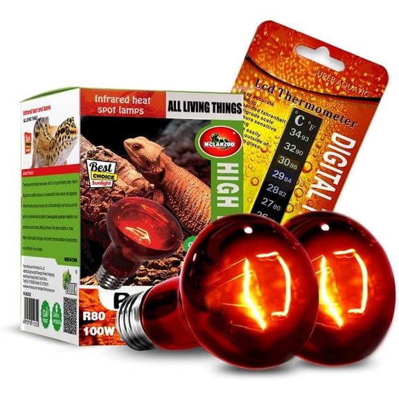 Infrared Heat Lamp Bulbs 100W 2 Pack,Red Basking Spot Light Bulb Reptile Heating lamp for Bearded Dragon,Turtle,Snake,Leopard Gecko,Chicked with Digital Temperature Thermometer