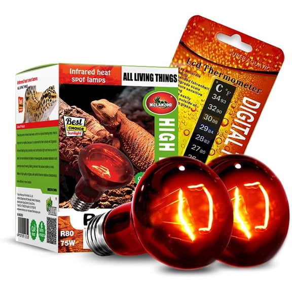 Infrared Heat Lamp Bulbs 75W 2 Pack,Red Basking Spot Light Bulb Reptile Heating lamp for Bearded Dragon,Turtle,Snake,Leopard Gecko,Chicked with Digital Temperature Thermometer