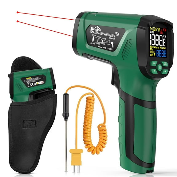 Infrared Thermometer Gun,SQECH Laser Thermometer Gun -402192(-401200),50:1 Non-Contact High Temp Thermometer with Thermocouple Probe,Color Backlight,Adjustable Emissivity,for Industry&Home