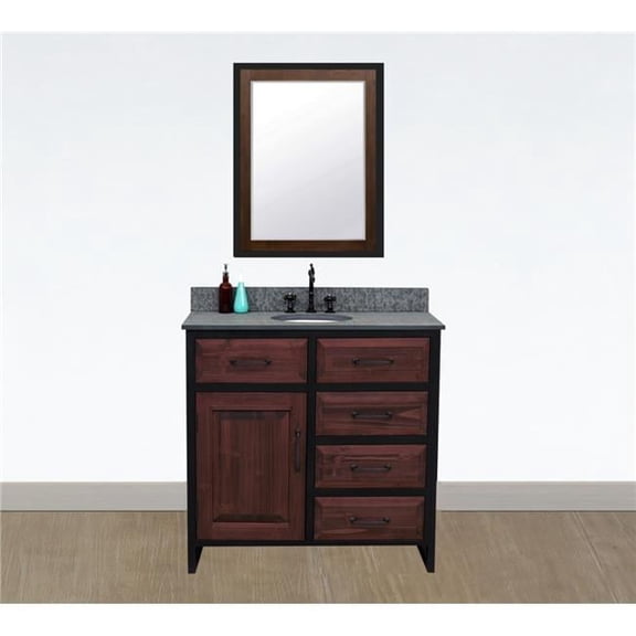 Infurniture 36"Rustic Solid Fir Single Sink Iron Frame Vanity in Brown-Driftwood Finish with Marble Top-No Faucet