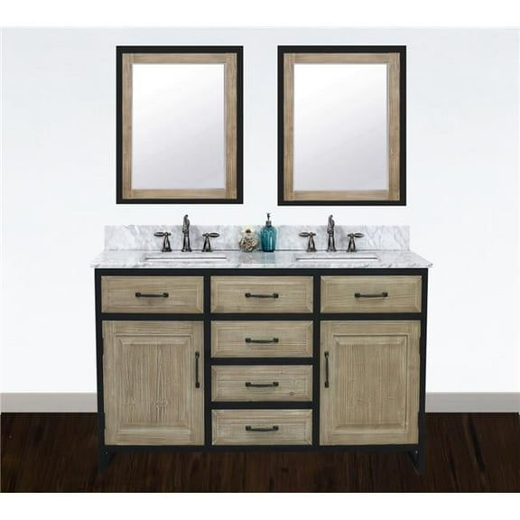 Infurniture 60"Rustic Solid Fir Double Sink Iron Frame Vanity in Driftwood Finish with Marble Top-No Faucet Carrara White Marble Top
