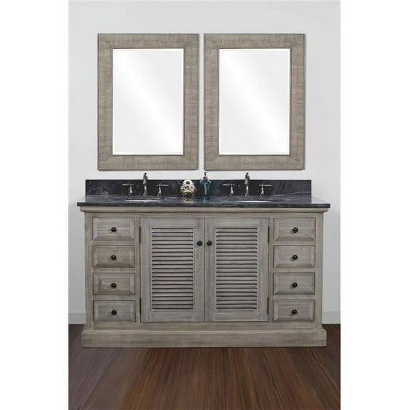 Infurniture Dark Brown Finish Wood 60-inch Double Sink Bathroom Vanity with Dark Limestone Top