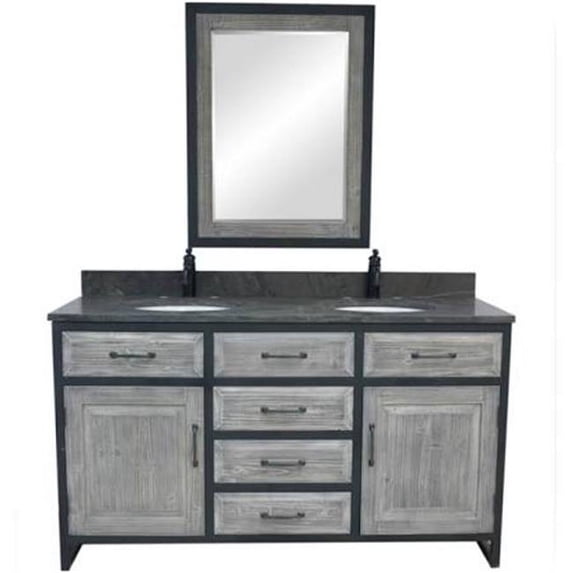 Infurniture WK8860-G-AP TOP 60 in. Rustic Solid Fir Double Sink Iron Frame Vanity in Grey with Arctic Pearl Quartz Top