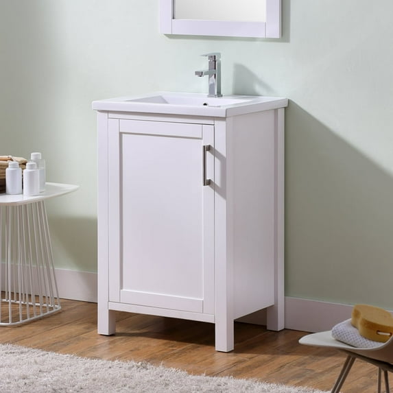 Infurniture White Wood Bathroom Vanity with 24-inch Thick Edge and Ceramic Sink