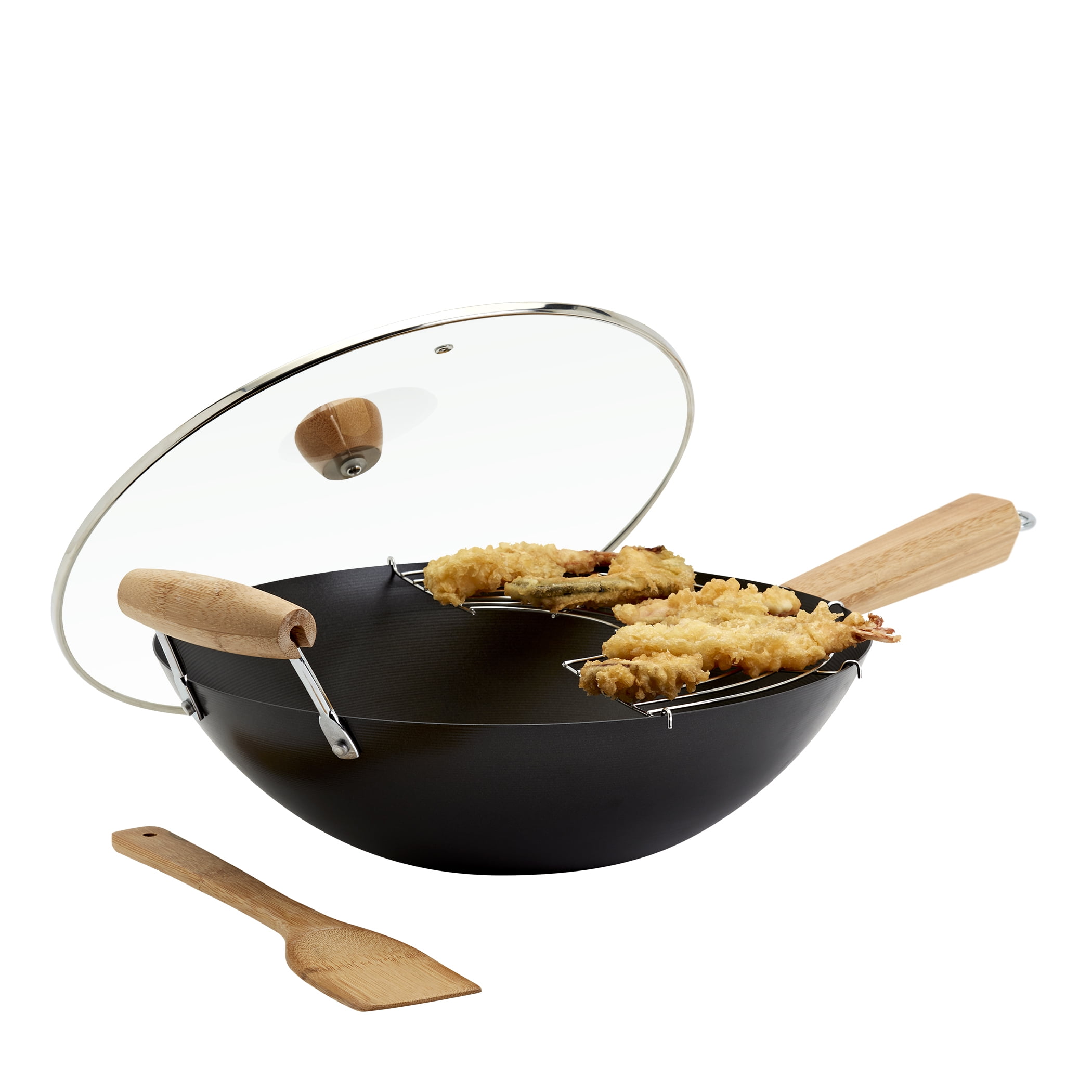 Infuse 4-Piece Nonstick Carbon Steel Wok Set with Bamboo Handles