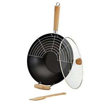 Infuse 4-Piece Nonstick Carbon Steel Wok Set with Bamboo Handles
