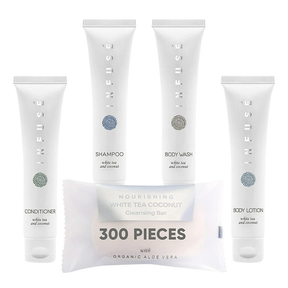 Infuse Pure White Tea and Coconut Hotel Soaps and Toiletries Bulk Set | 1-Shoppe All-In-Kit for Hotels | 1oz Shampoo & Conditioner, Body Wash, Lotion & 1.25oz Bar Soap | Travel Size 300 Pieces