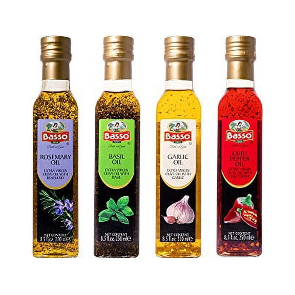 |Basso Infused Extra Virgin Olive Oil Gift Set: Oregano | Lemon | Porcini | Truffle | 4 bottles x 8.5 fl. oz (250ml)