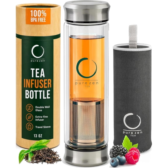 Infuser Bottle, 13 oz, Tea Bottle with Infuser, Tea Gift Set | Double Wall Glass, Leakproof, for Hot and Cold Infusions, Tea Tumbler with Infuser, Portable Travel Sleeve, Tea Infuser Mug