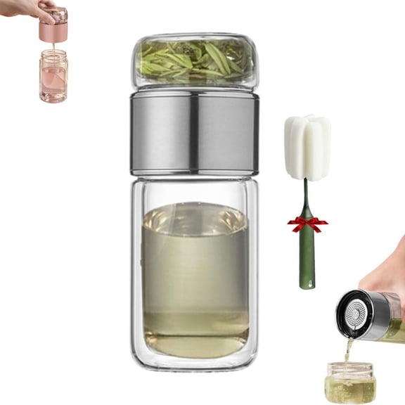 Infusifie Tea Infuser, 2025 New Glass Tea Infuser Bottle, Double Layer Stainless Steel Leakage Proof Glass Water Bottle with Infuser, Tea Flood Cup for Loose Leaf Tea (Silver,350ml)