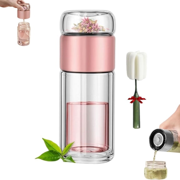 Infusifie Tea Infuser, 2025 New Glass Tea Infuser Bottle, Double Layer Stainless Steel Leakage Proof Glass Water Bottle with Infuser, Tea Flood Cup for Loose Leaf Tea (Rose Gold,350ml)