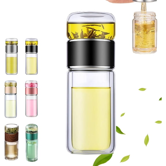 Infusifie Tea Infuser, 2025 New Glass Tea Infuser Bottle with Heat-Insulated, Portable Tea Water Separation Tea Cup for Loose Leaf Tea, Double Glazing (black, 350ml/12oz)